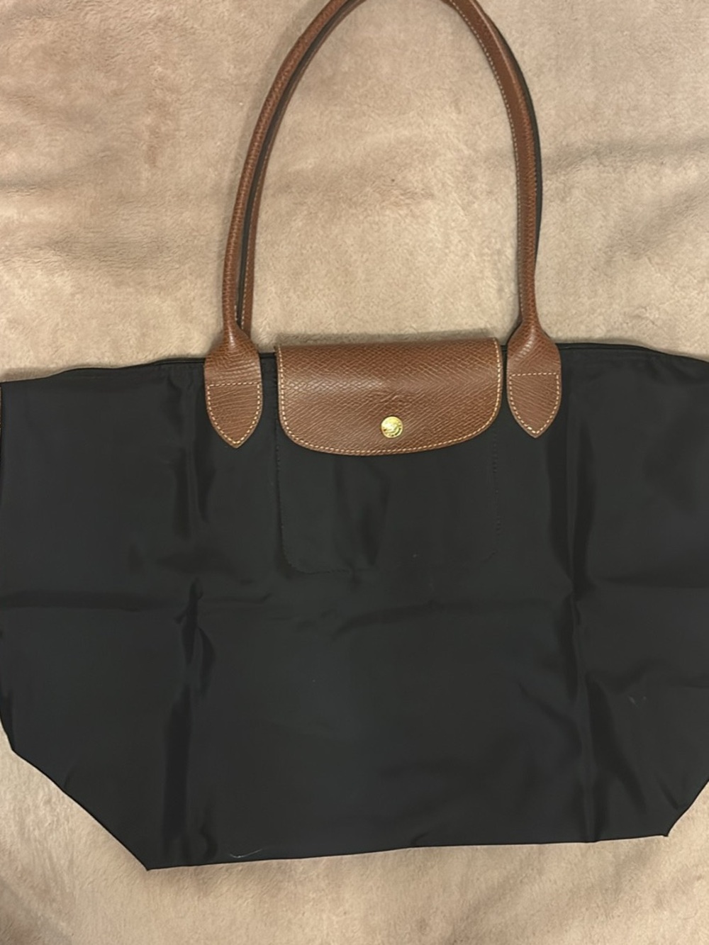 Longchamp Black Nylon Tote with Brown Leather Trim